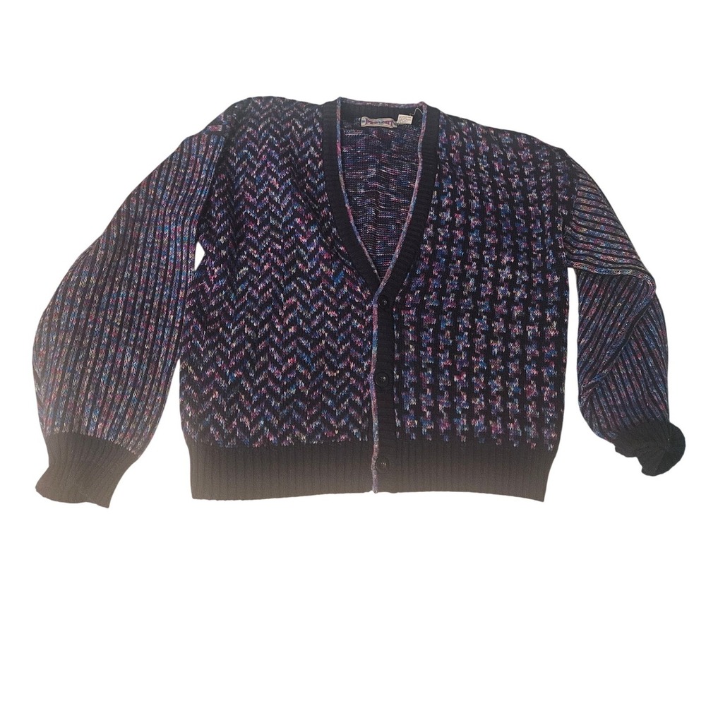 Vintage Permit Multi Color‎ Abstract Knit Cardigan Sweater Size Medium 90s